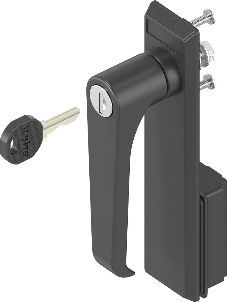 Escutcheon with L-handle, keyed EK 333, Polyamide black and zinc die black powder-coated