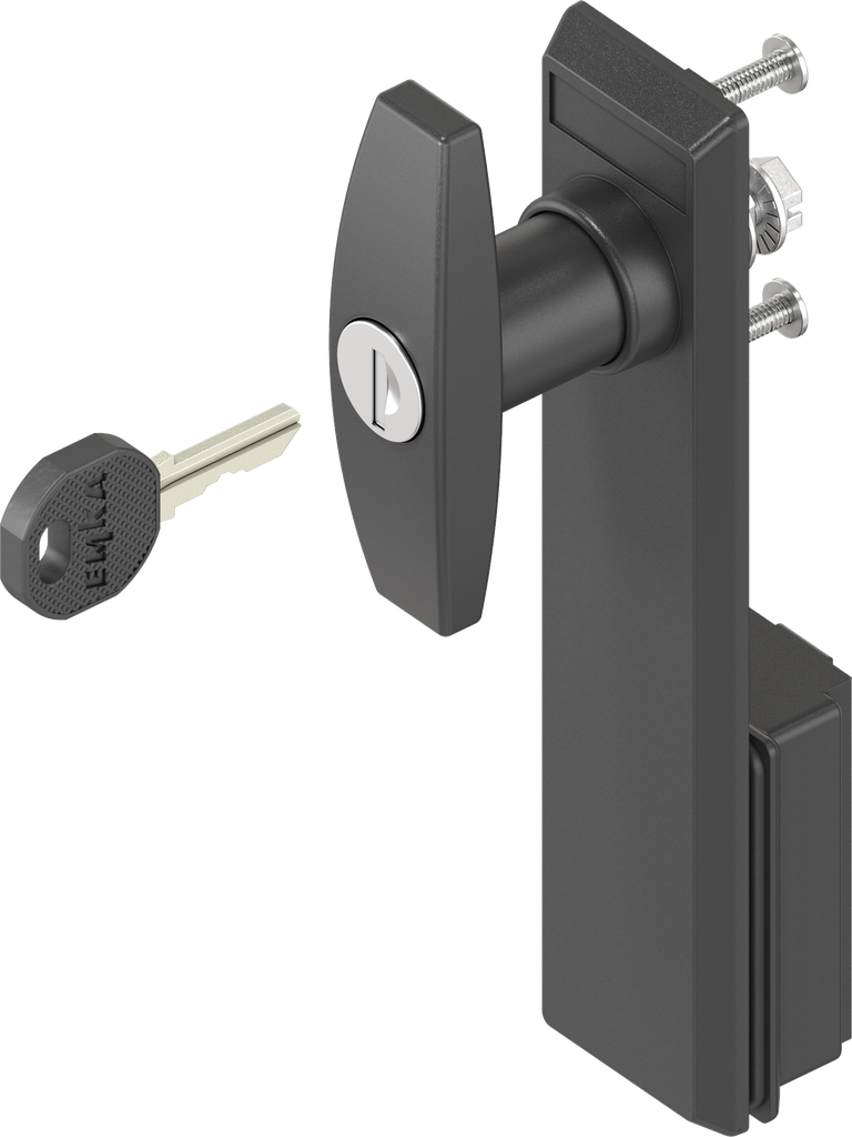 Escutcheon with T-handle, keyed different, Polyamide black and zinc die black powder-coated