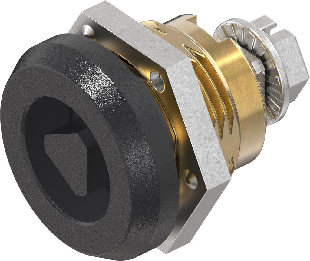 Cuarto de vuelta de seguridad triángulo 8, latón y zamak recubierto de polvo negro